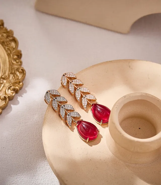 Leaf Motif Teardrop Red Gemstone Earrings 3