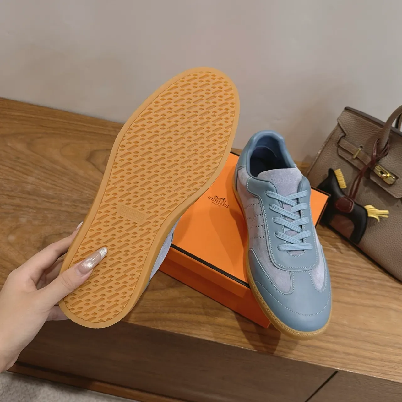 Light Blue-Gray Mixed-Material Perforated Sneakers 3