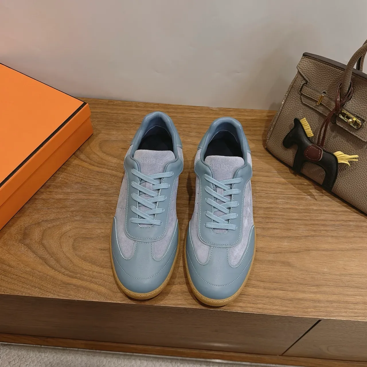 Light Blue-Gray Mixed-Material Perforated Sneakers 5