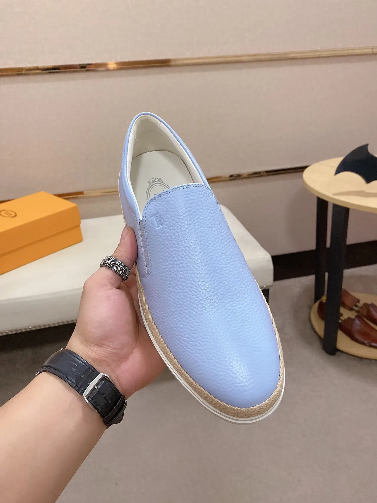 Light Blue Pebbled Leather Slip-On Boat Shoe 7