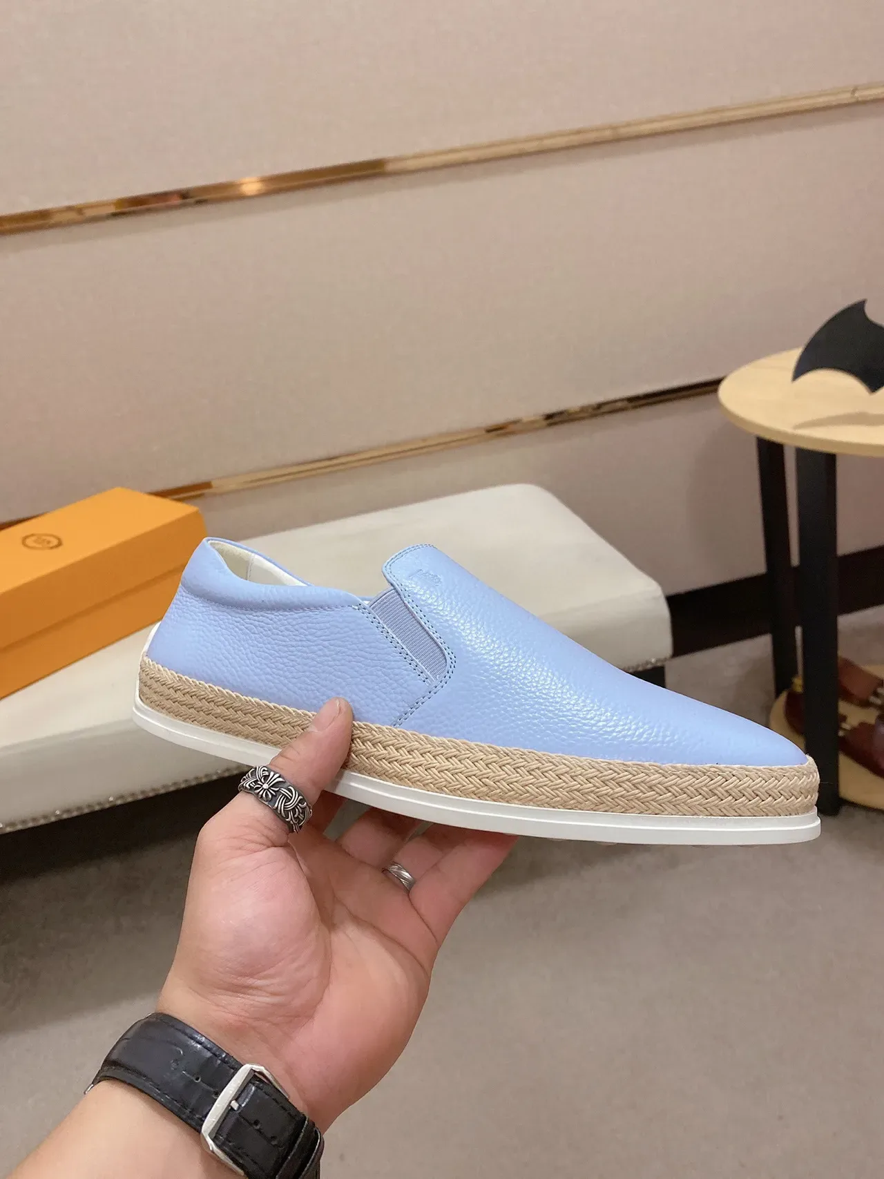 Light Blue Pebbled Leather Slip-On Boat Shoe 8