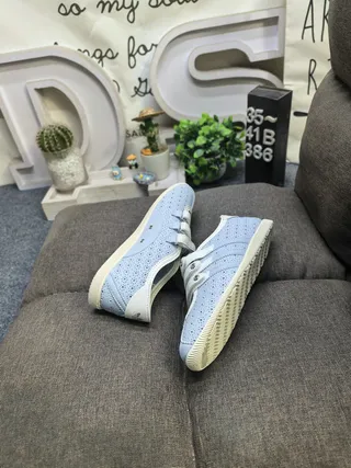 Light Blue Perforated Strap-Closure Low-Top Sneakers 6