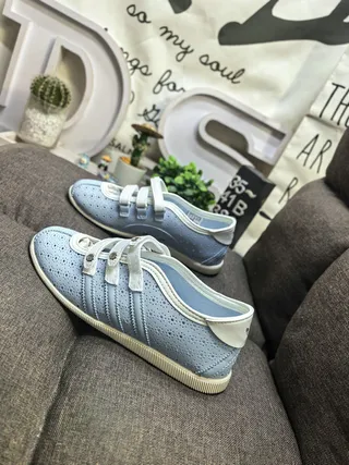 Light Blue Perforated Strap-Closure Low-Top Sneakers 7