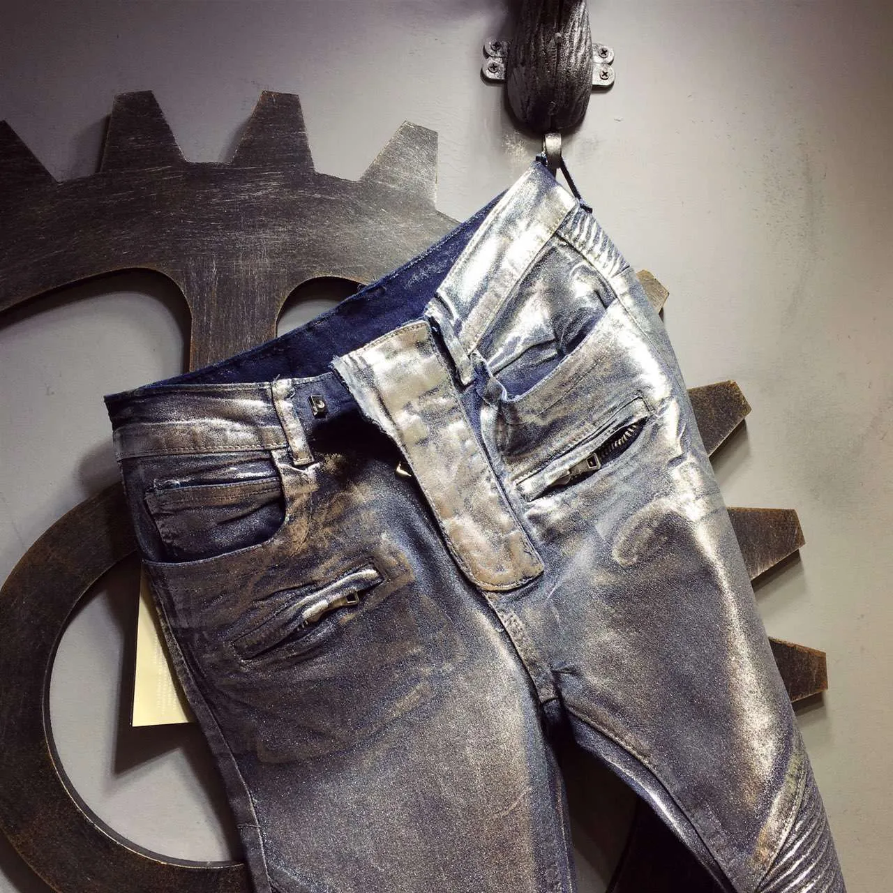 Metallic Silver Moto-Style Distressed Jeans 3