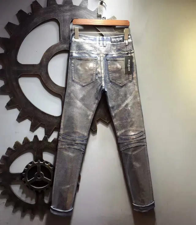 Metallic Silver Moto-Style Distressed Jeans 5