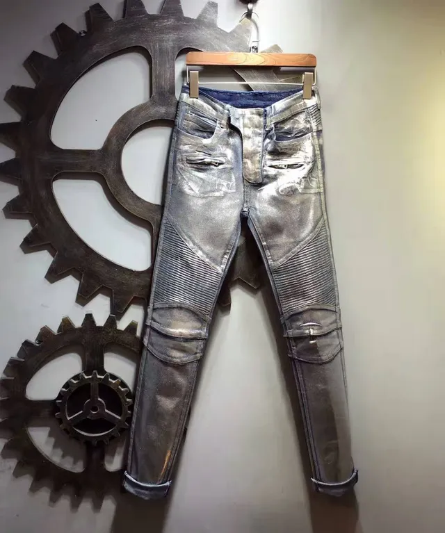 Metallic Silver Moto-Style Distressed Jeans 9