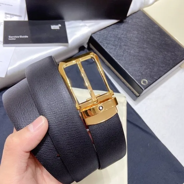 Montblanc Gray Gold Textured Pebbled Rectangular Buckle Leather Belt 3