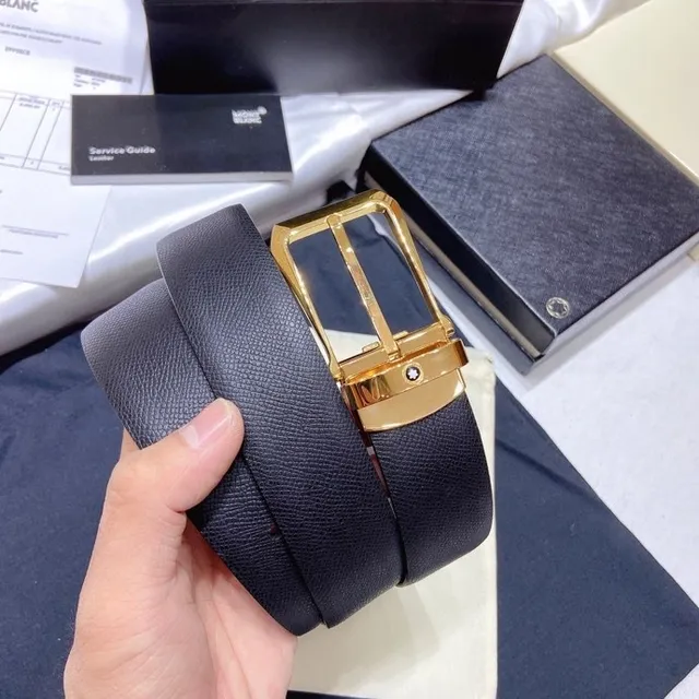 Montblanc Gray Gold Textured Pebbled Rectangular Buckle Leather Belt 4