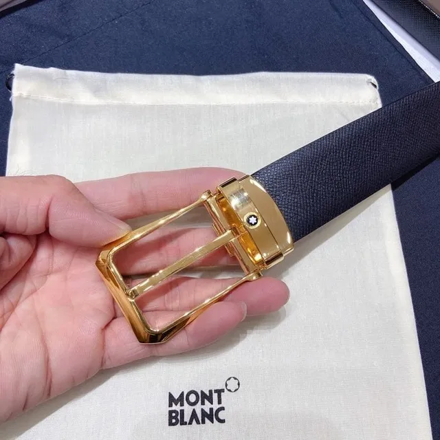 Montblanc Gray Gold Textured Pebbled Rectangular Buckle Leather Belt 5