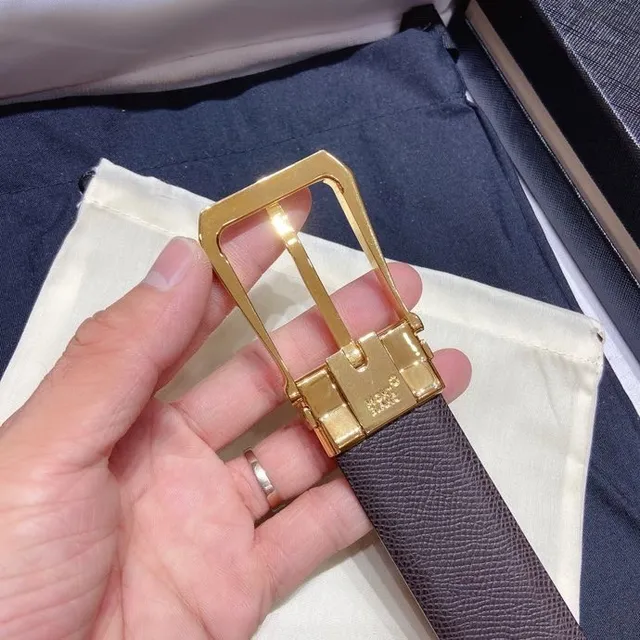 Montblanc Gray Gold Textured Pebbled Rectangular Buckle Leather Belt 7