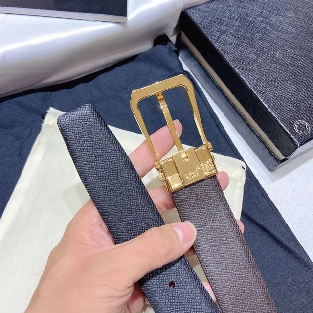 Montblanc Gray Gold Textured Pebbled Rectangular Buckle Leather Belt 8