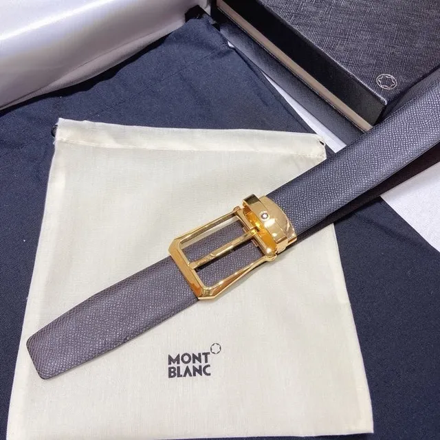 Montblanc Gray Gold Textured Pebbled Rectangular Buckle Leather Belt 9