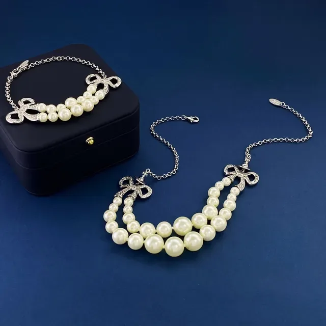 Multi-Strand Pearl and Crystal Bow Necklace 3