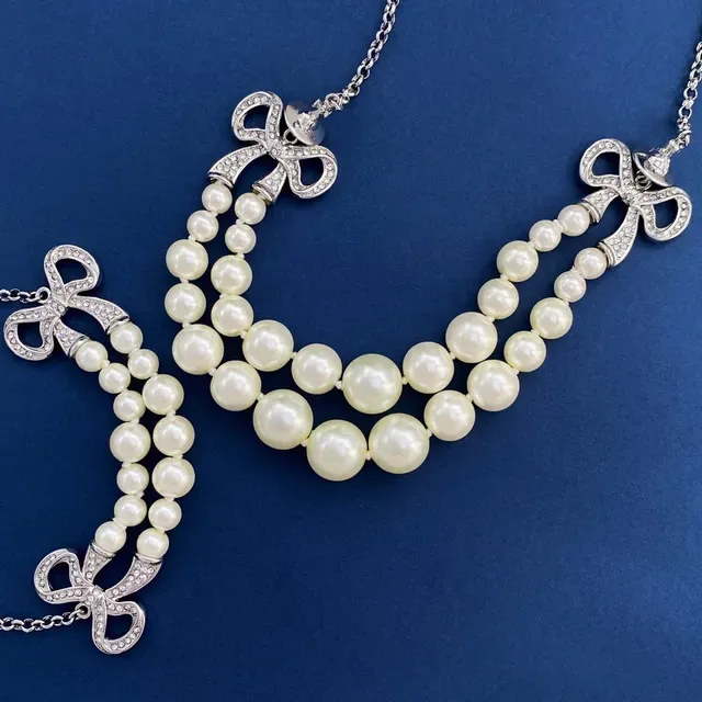 Multi-Strand Pearl and Crystal Bow Necklace 5