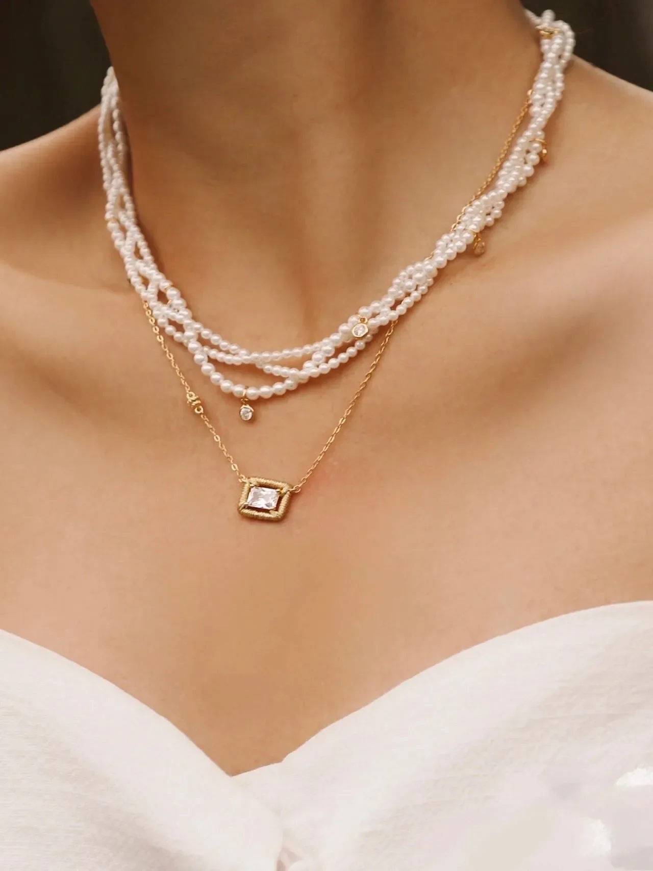 Multi-Strand Pearl and Crystal Charm Necklace 3