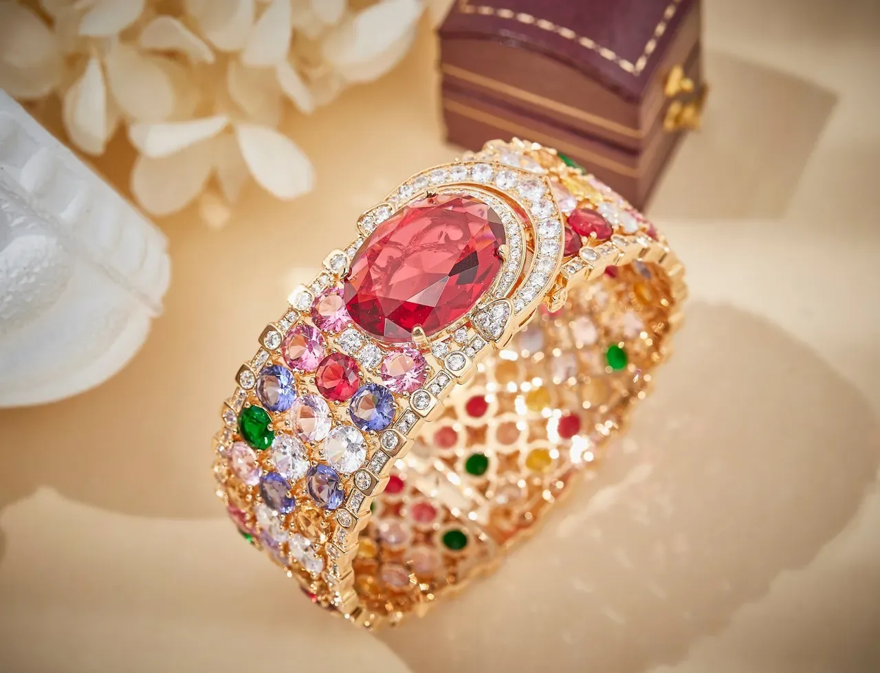 Multicolor Gemstone and Diamond Pavé Gold-Tone Bangle Bracelet 1
