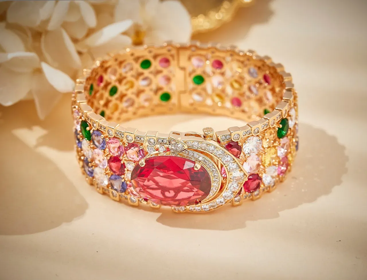 Multicolor Gemstone and Diamond Pavé Gold-Tone Bangle Bracelet 6