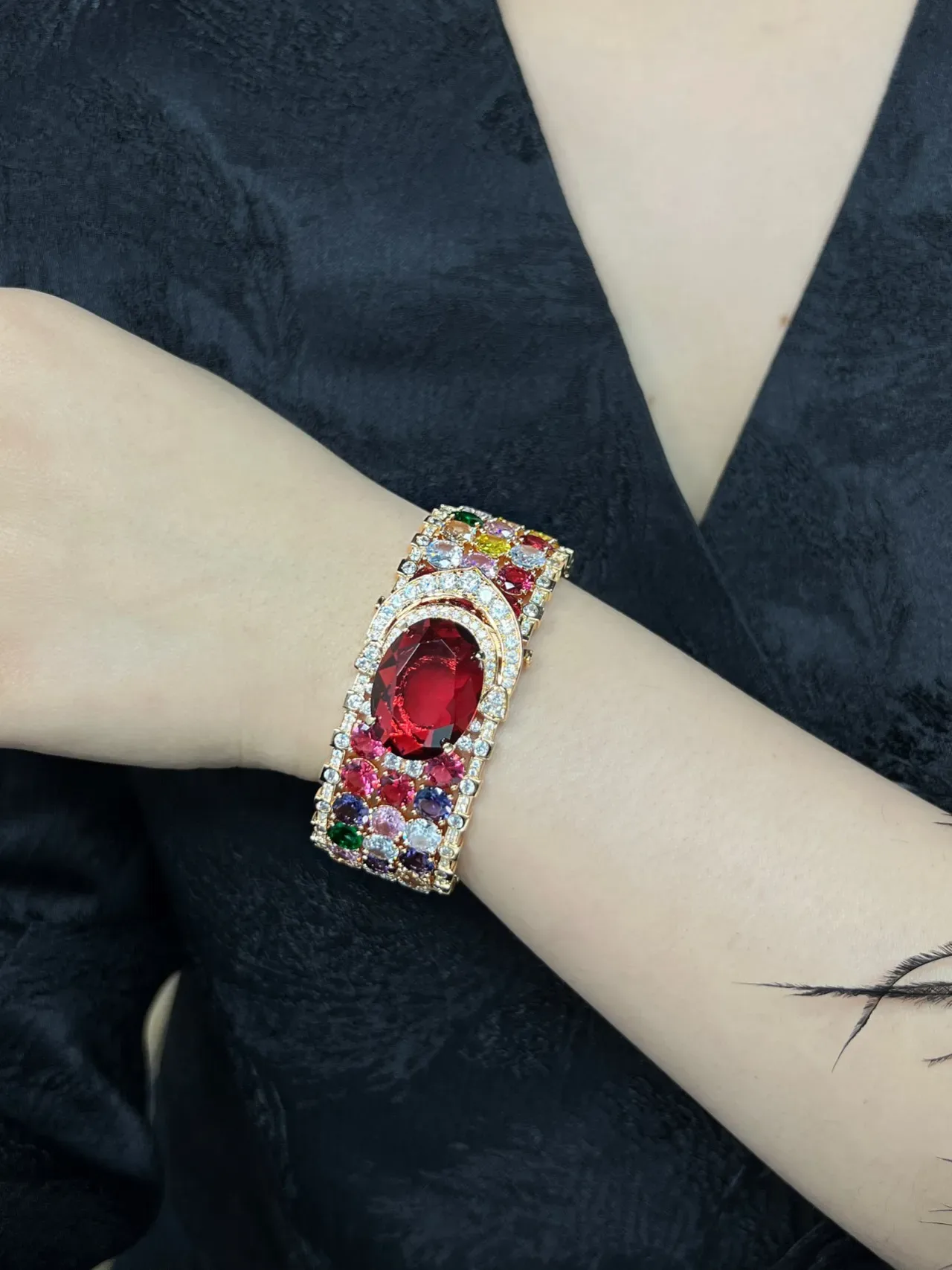 Multicolor Gemstone and Diamond Pavé Gold-Tone Bangle Bracelet 8