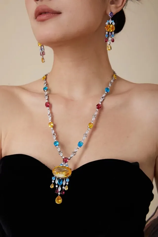 Multicolor Gemstone and Diamond Pendant Necklace 8