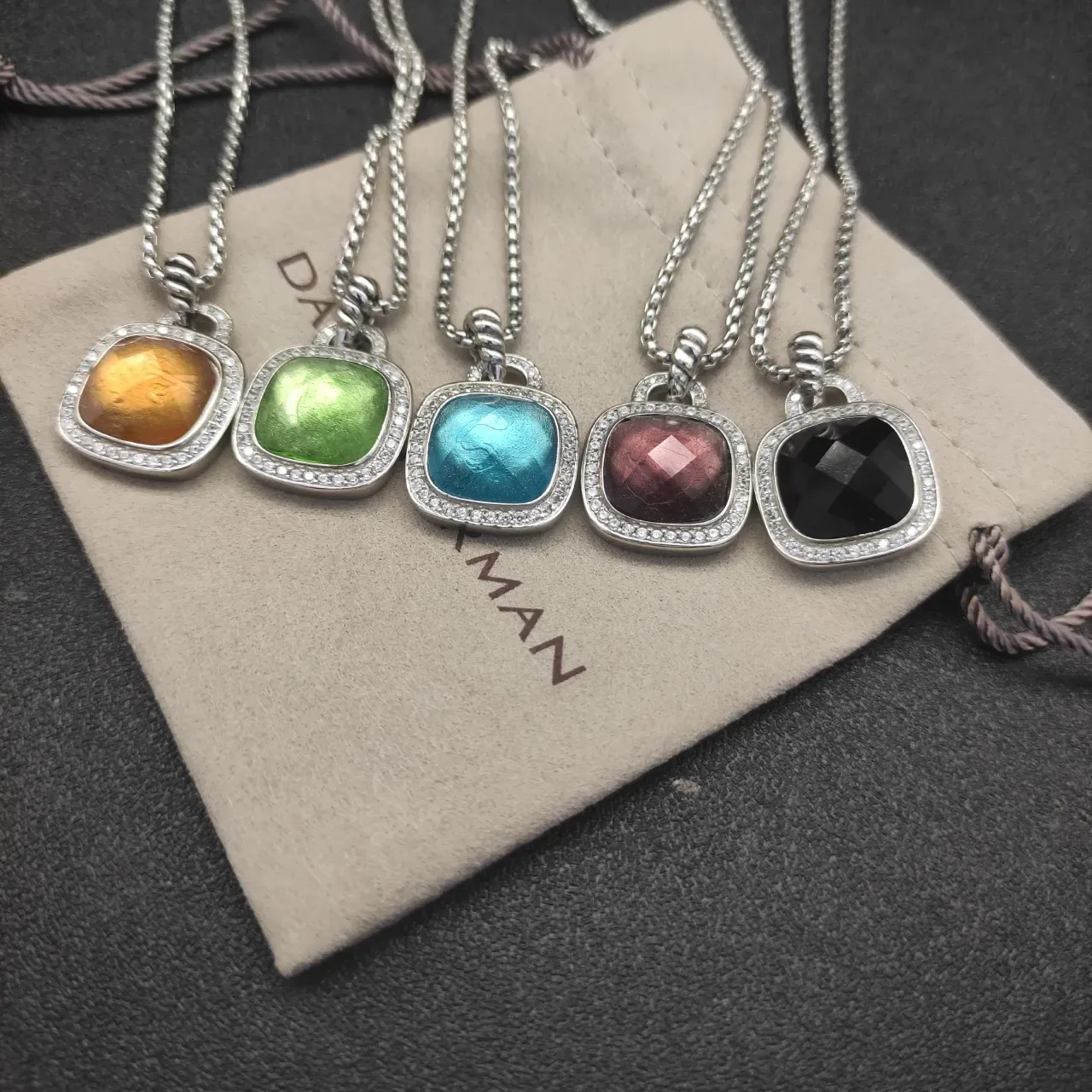 Multicolor Silver Cushion-Cut Stone Pavé Crystal Bezel Necklace 2