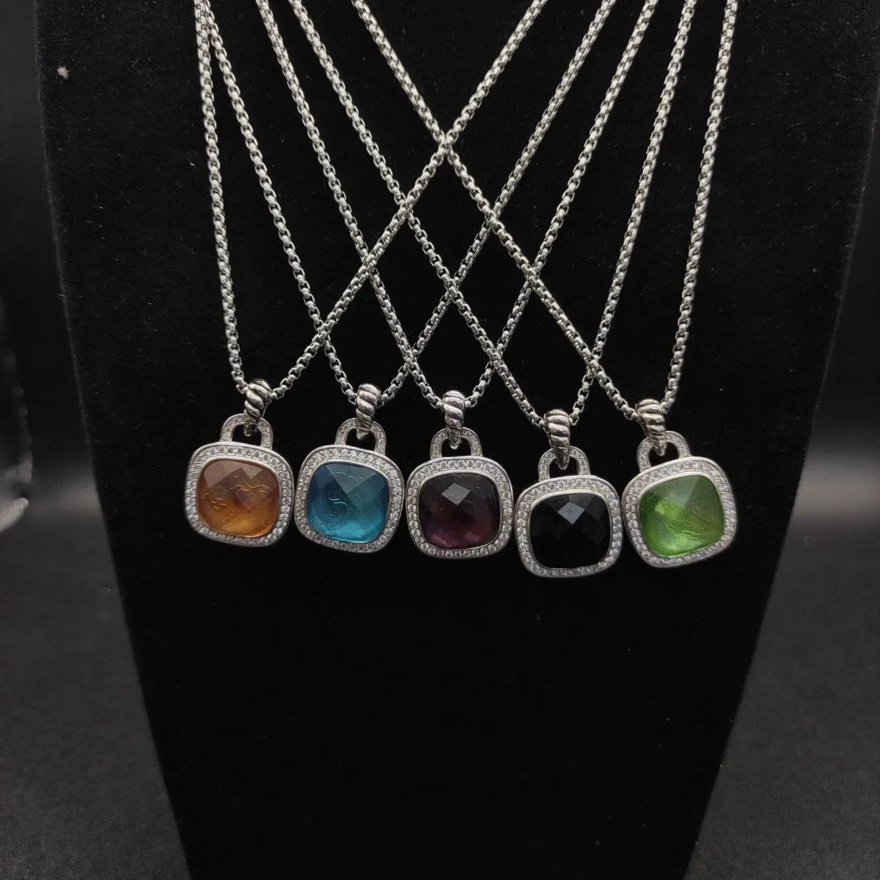Multicolor Silver Cushion-Cut Stone Pavé Crystal Bezel Necklace 3