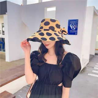 Mustard Yellow and Black Polka Dot Wide-Brimmed Bucket Hat