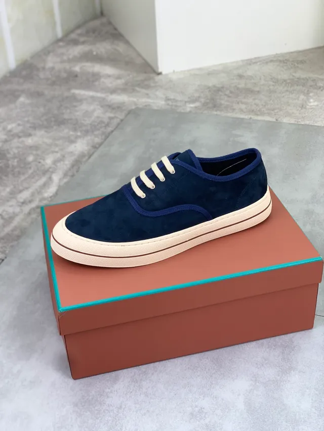 Navy Beige Suede Cream Laces Canvas Shoes 4