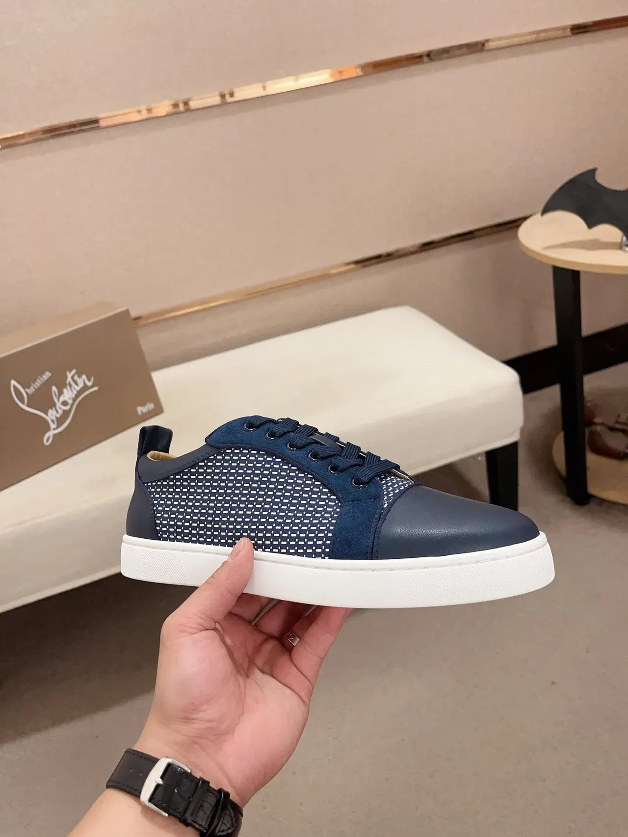 Navy Blue Perforated Mesh and Leather Low-Top Lifestyle Sneaker 3