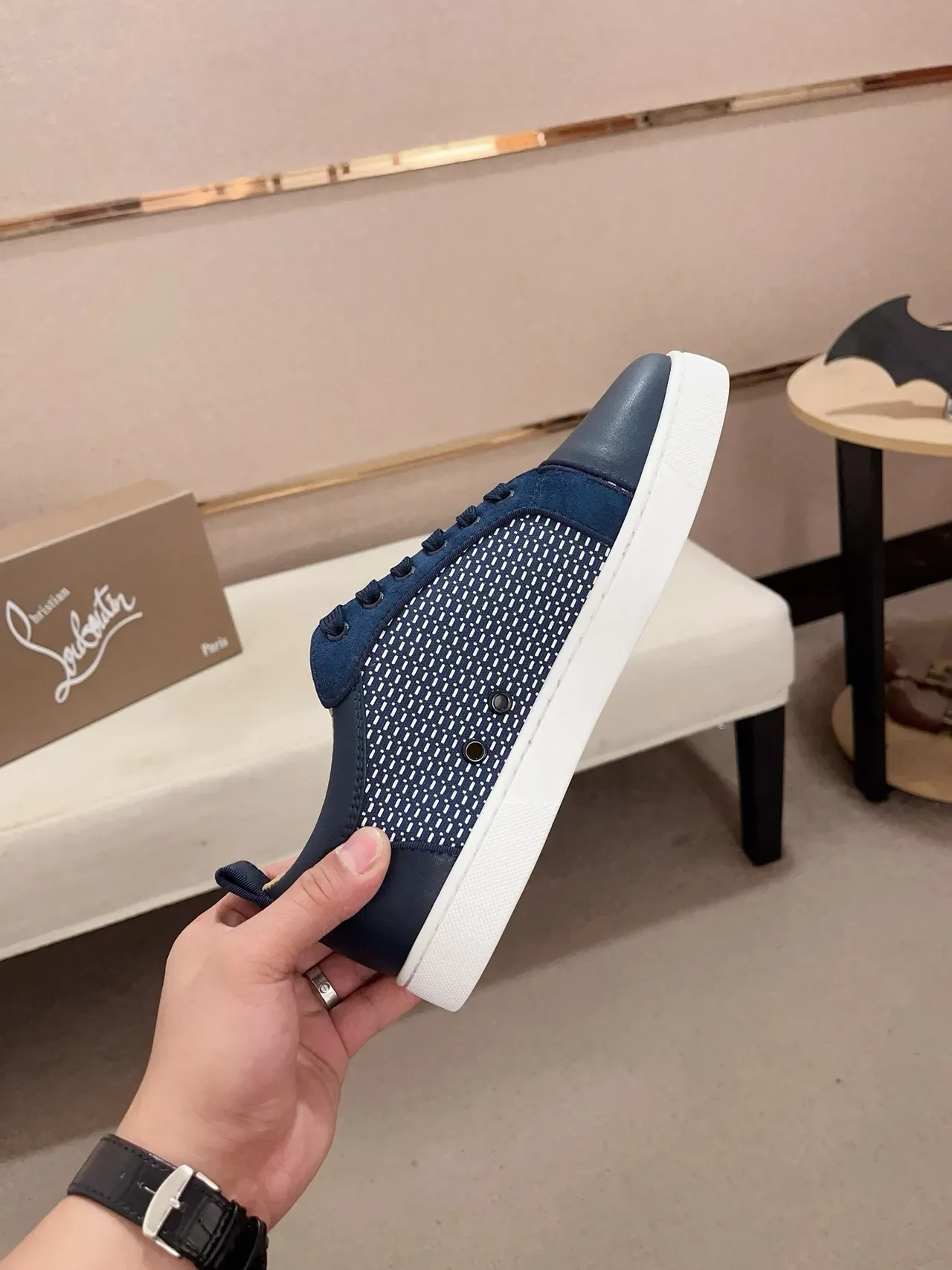 Navy Blue Perforated Mesh and Leather Low-Top Lifestyle Sneaker 4