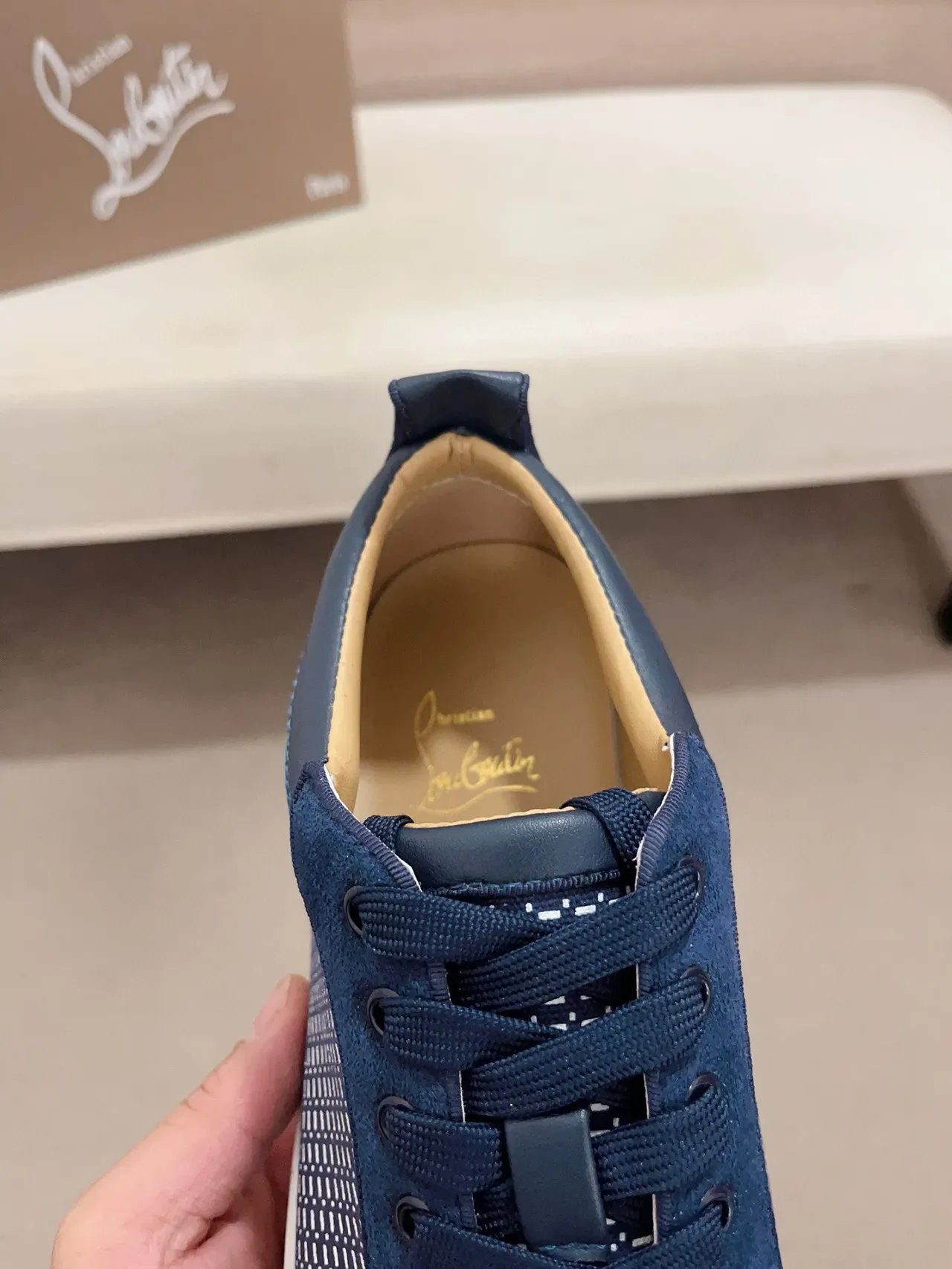 Navy Blue Perforated Mesh and Leather Low-Top Lifestyle Sneaker 5