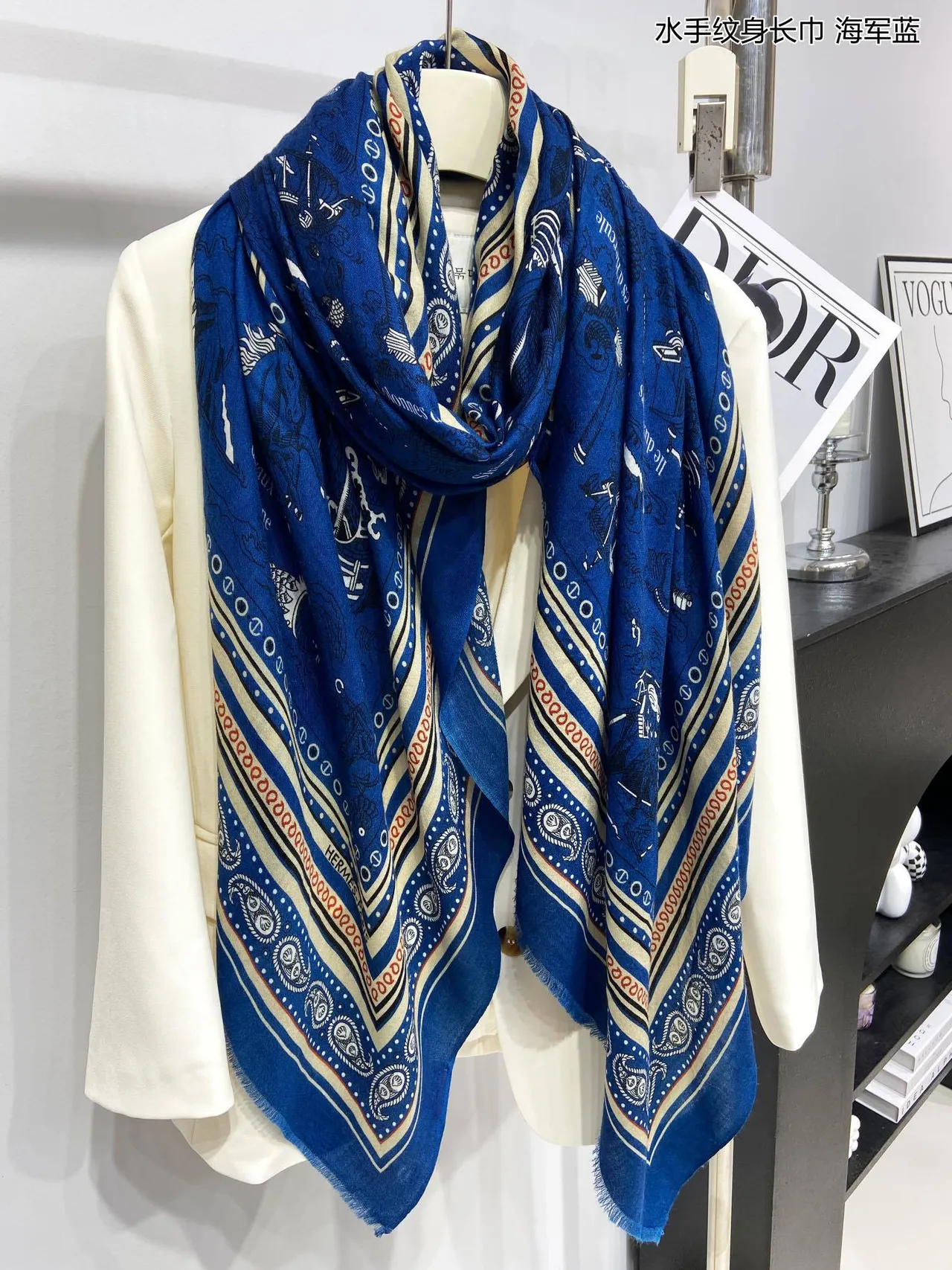 Navy Blue Printed Nautical Motif Silk Scarf 9