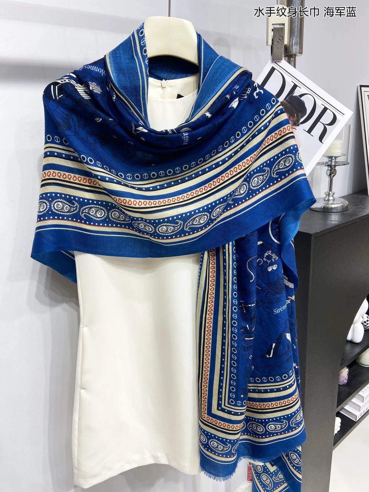 Navy Blue Printed Nautical Motif Silk Scarf 4