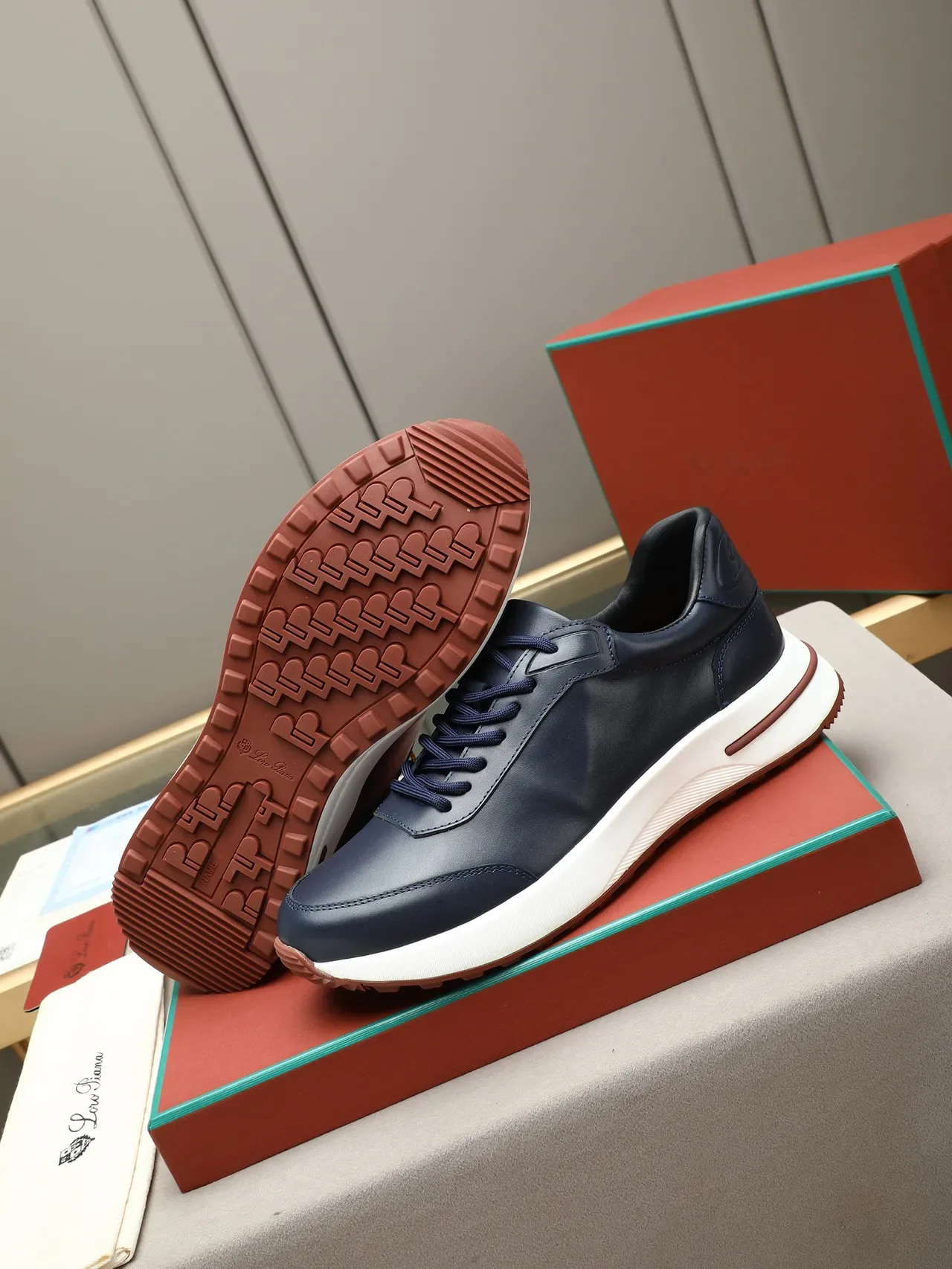 Navy Brown Leather Upper White And Layered Sole Sneakers 5