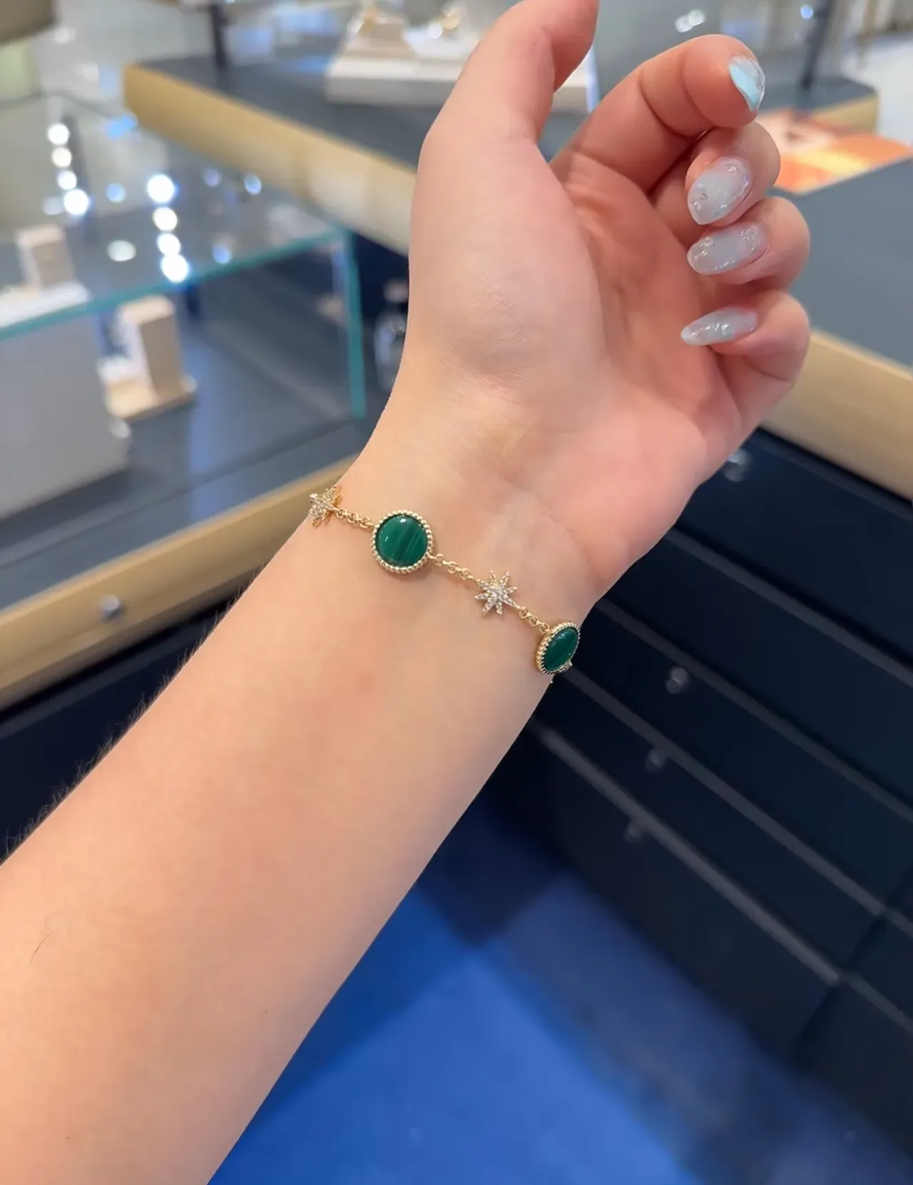 Navy Gold Chain Oval Green Stone Accents Bracelet 4