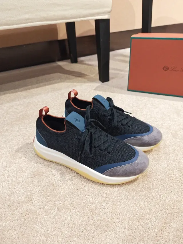 Navy Gray Knit Upper Suede Toe Cap Sneakers 4