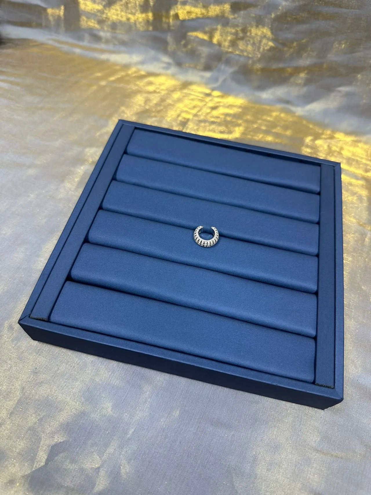 Navy Silver Blue Padded Tray Horizontal Ribbed Compartments Jewelry 9