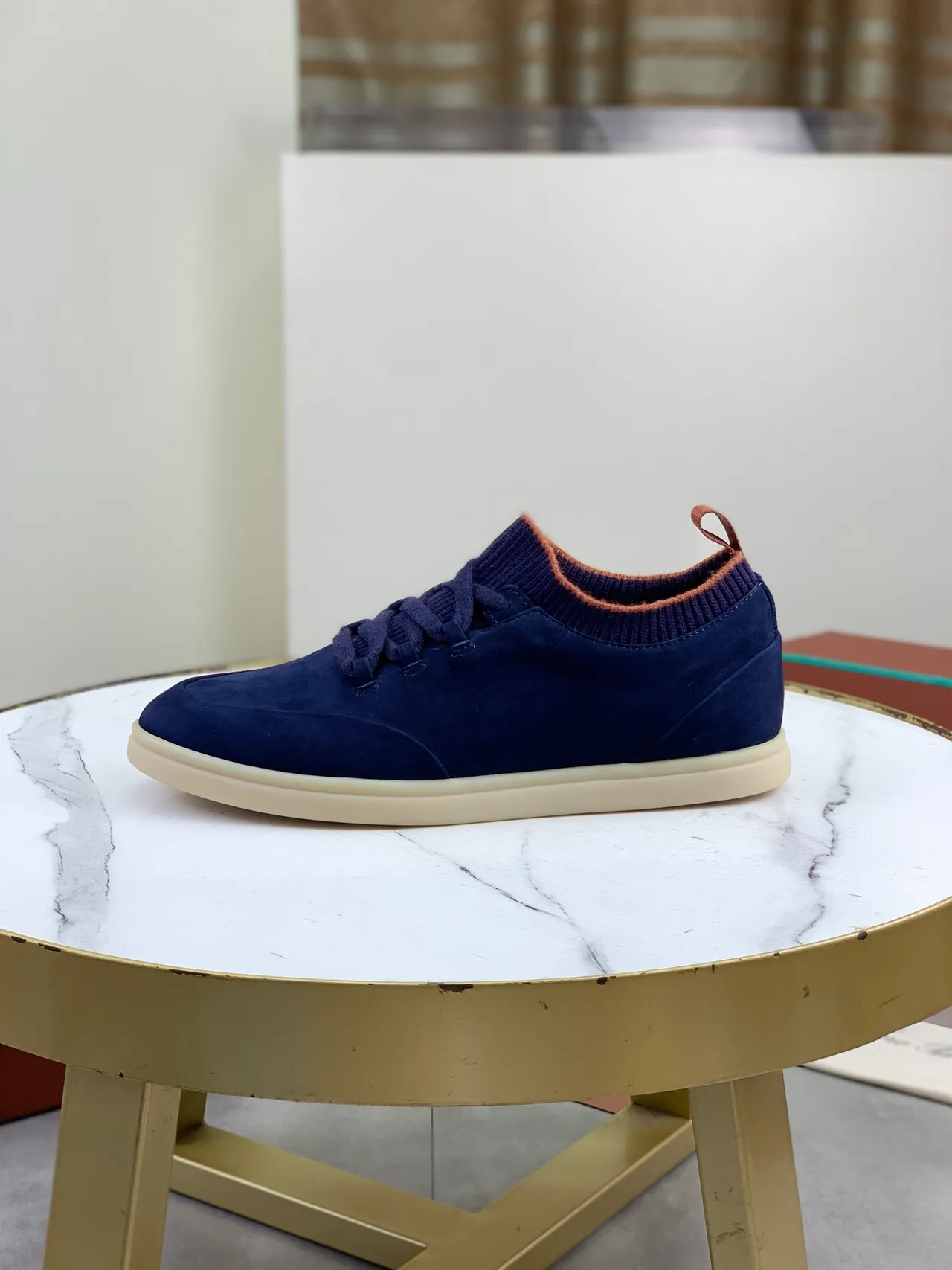 Navy Suede Knit-Collar Lace-Up Sneaker 5