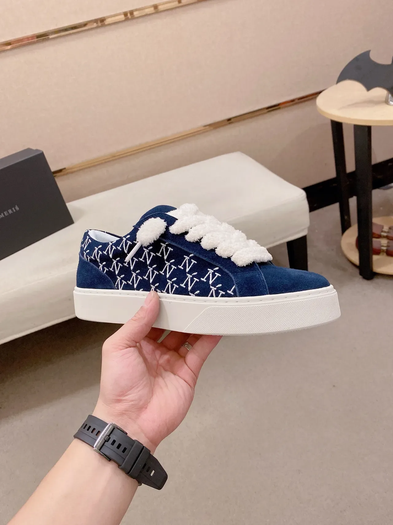 Navy White Suede Upper Embroidered Monogram Sneakers 5