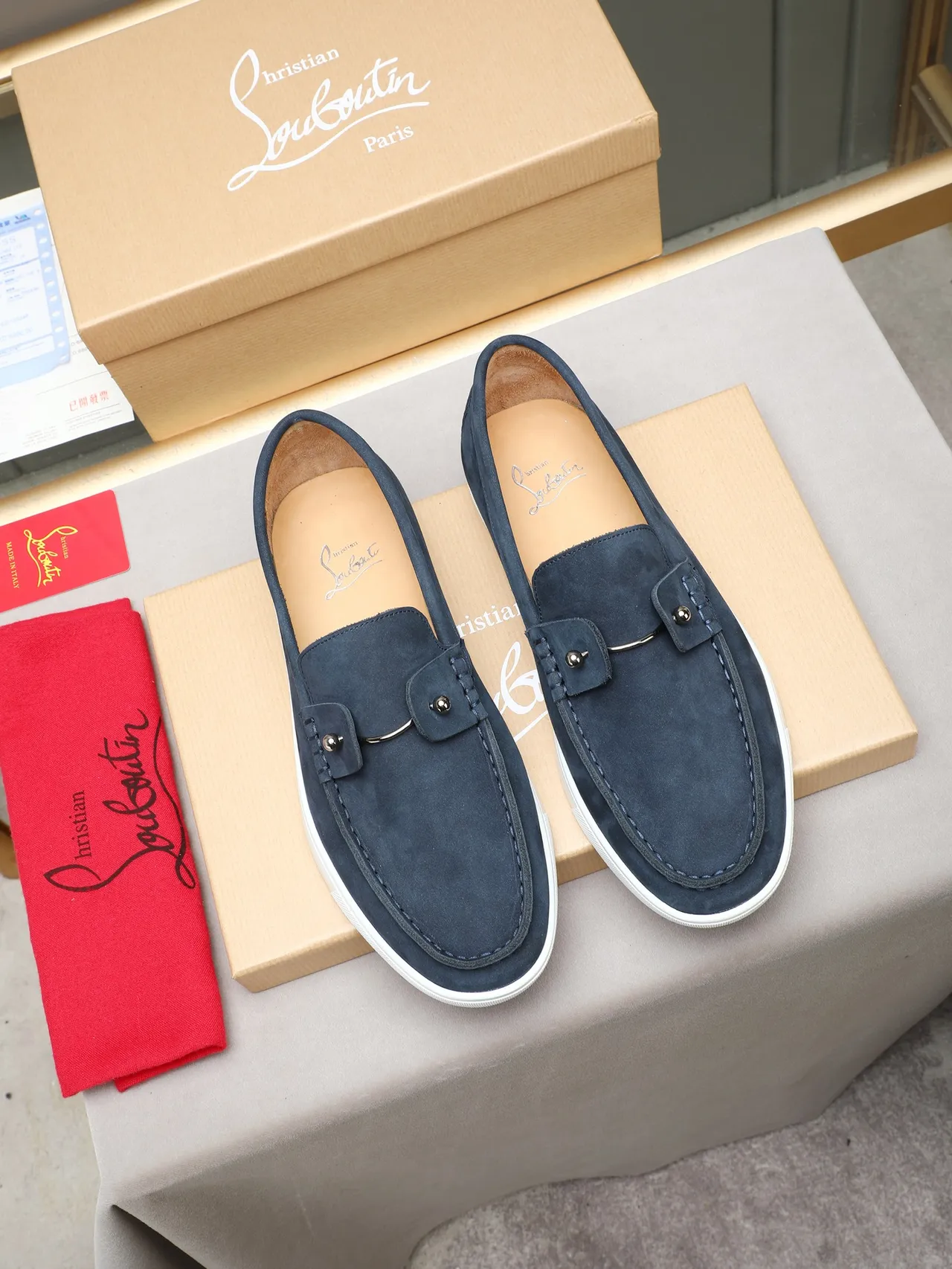 Navy White Suede Upper Metal Stud Accent Loafer 3