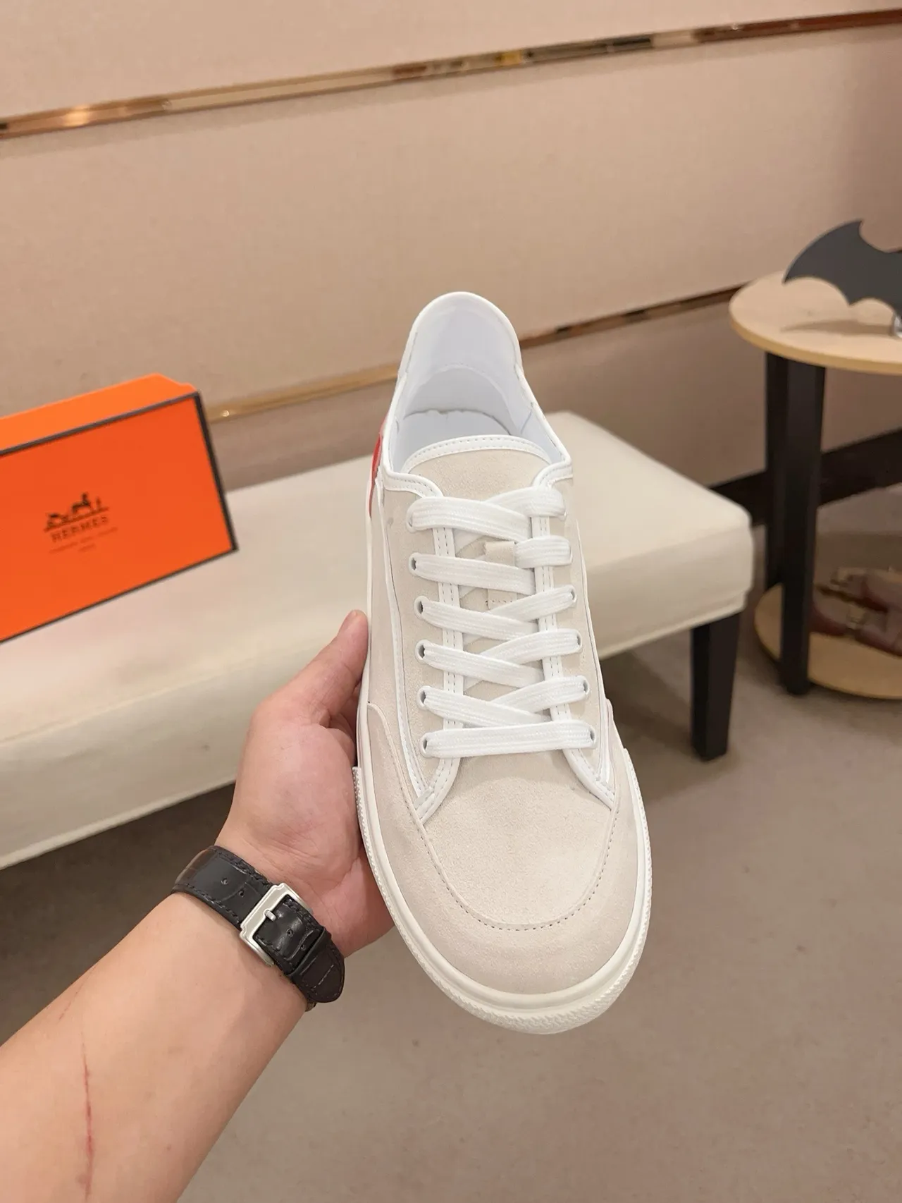 Off-White Beige and Red Color-Block Low-Top Lifestyle Sneaker 5