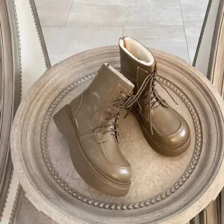 Olive Brown Shearling-Lined Platform Lace-Up Ankle Boots