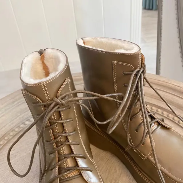 Olive Brown Shearling-Lined Platform Lace-Up Ankle Boots 2