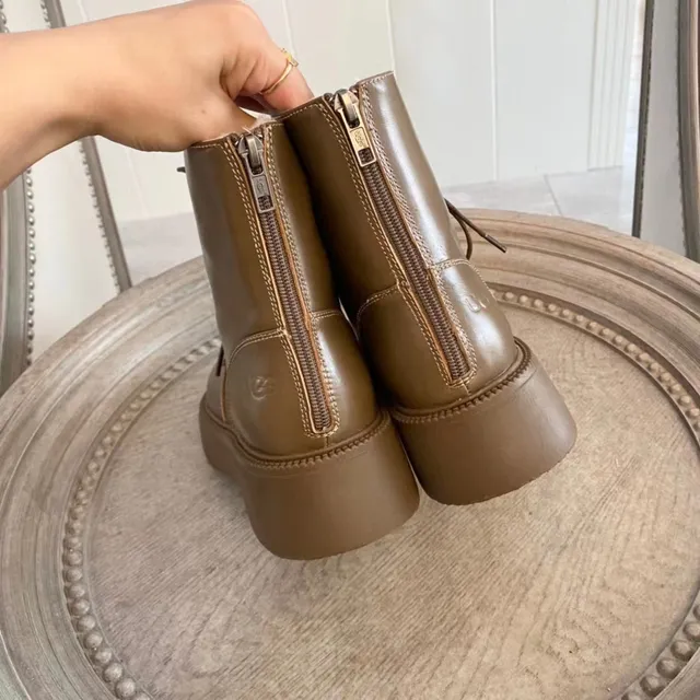 Olive Brown Shearling-Lined Platform Lace-Up Ankle Boots 6