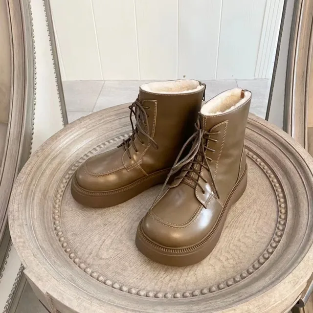 Olive Brown Shearling-Lined Platform Lace-Up Ankle Boots 7