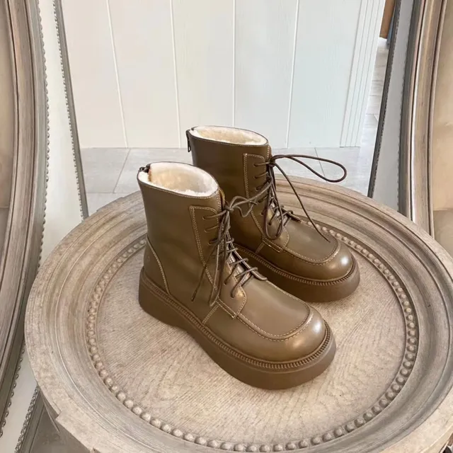 Olive Brown Shearling-Lined Platform Lace-Up Ankle Boots 8