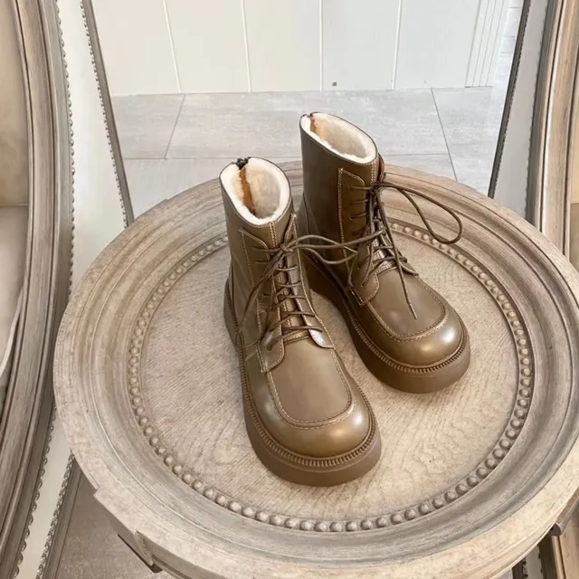 Olive Brown Shearling-Lined Platform Lace-Up Ankle Boots 9