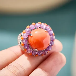 Orange Cabochon Beaded Halo Statement Ring