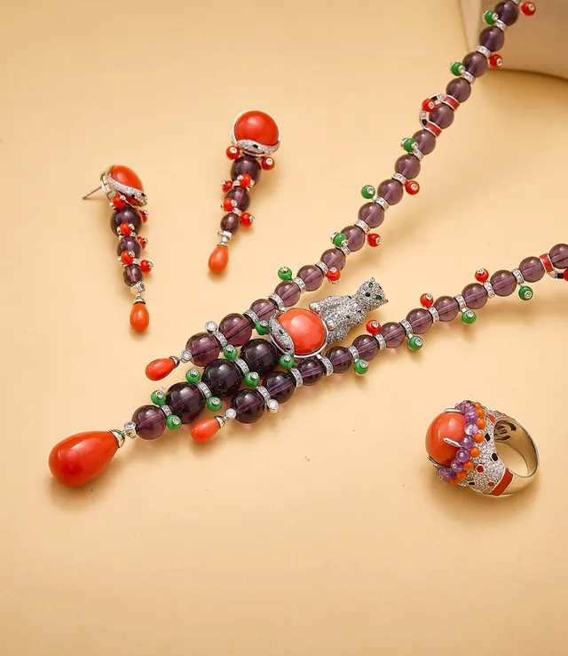 Orange Cabochon Beaded Halo Statement Ring 2