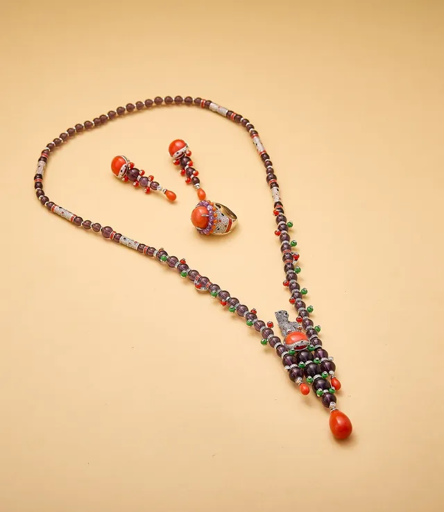 Orange Cabochon Beaded Halo Statement Ring 3