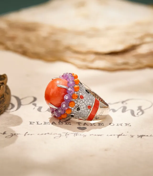 Orange Cabochon Beaded Halo Statement Ring 7